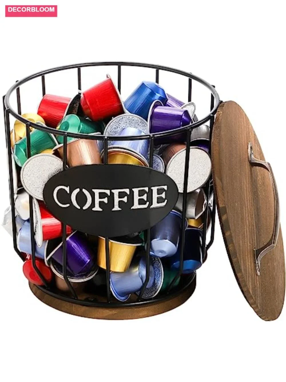 Large Capacity Coffee Pod Holder with Rustic Wooden Lid and Base, Metal Wire K